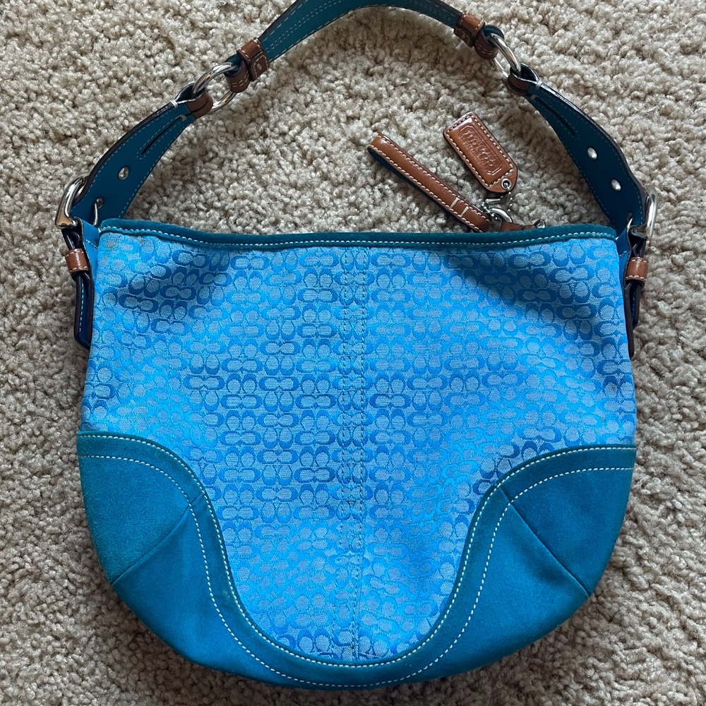 Coach Monogram Blue Suede Shoulder Bag